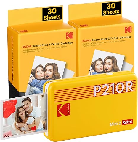 KODAK Mini 2 Retro 4PASS Portable Photo Printer (2.1x3.4 inches)   68 Sheets Bundle, Yellow
