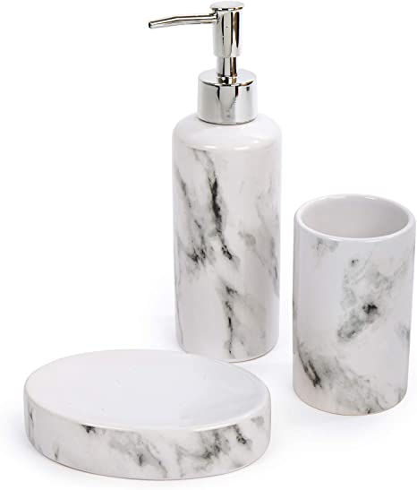Bodico, 3-Piece Stylish Marble Ceramic Bathroom Accessory Set, 7.5 x 8.25 inches, White