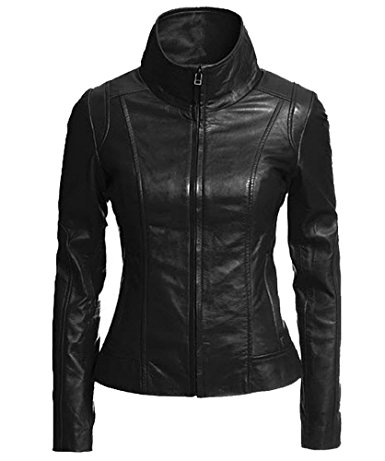 Exemplar Women's Genuine Lambskin Leather Moto Jacket Black LL896
