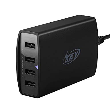 Key Power USB Wall Charger, 40 Watt 8A 4-Port Charging Station for Apple iPhone XR, X, 8, 7, 6 Plus, iPad Air/Pro, Samsung Galaxy S9 / S8 / S7 / S6 Edge and More