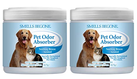 Smells Begone Air Freshener Pet Odor Absorber Gel - Made with Natural Essential Oils - Absorbs and Eliminates Odor in Pet Areas, Bathrooms, Cars, Boats (15 Ounce) (Pet Soothing Breeze Scent 2 Pack)