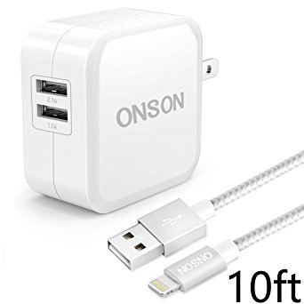 ONSON Wall Charger,Dual USB Portable Travel Charger,Foldable Plug with 10FT Long Apple Lightning Cable Charging Cord for iPhone 7/7 Plus/6S/6/6 Plus/5/5S/5C/SE,iPad Pro/Air/mini,ipod touch(White)