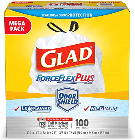 Glad ForceFlexPlus Tall Kitchen Drawstring Trash Bags -13 Gallon White Trash Bag, OdorShield -100 Count (Packaging May Vary), Pack of 6