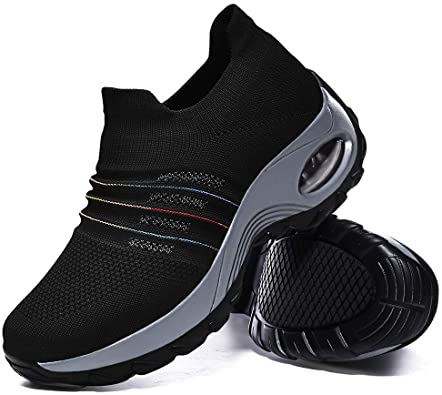 Hotaden Womens Walking Shoes Sock Sneakers with Arch Support Black Non Slip Work Shoes for Women