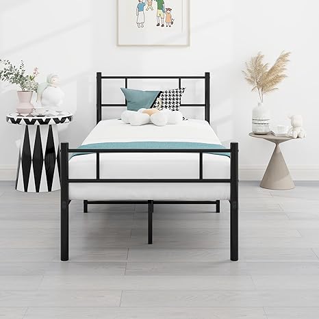 HOMERECOMMEND Single Metal Bed Frame 3ft Bed Frame with Headboard No Box Spring Needed,Under Bed Storage,Steel Slat Support,Easy Assembly,Black