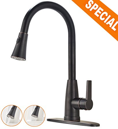 Friho Antique Brass High Arch Single Lever Pull Down Black Oil Rubbed Bronze Pull Out Spray Kitchen Sink Faucet, ORB Kitchen Faucets With Sprayer and Escutcheon