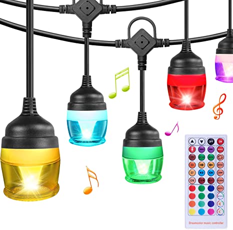 Sinvitron Color Changing Outdoor String Lights, Warm White & RGB Colored LED Café String Lights Outdoor, 37ft, Remote, 12 Shatterproof Bulbs, Waterproof Patio String Lights for Christmas Café Backyard