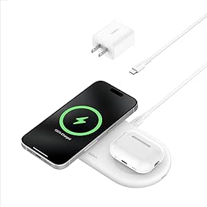 Belkin BoostCharge Pro 2-in-1 MagSafe-Compatible Wireless Charging Pad w/ Qi2 15W   Additional USB-C Port, Fast Charger for iPhone 15, iPhone 14, & iPhone 13 Series, AirPods, and More - White