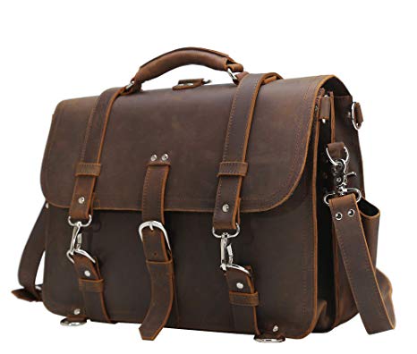 Texbo Men's 16 Inch Thick Cowhide Leather Briefcase Laptop Shoulder Messenger Bag Tote