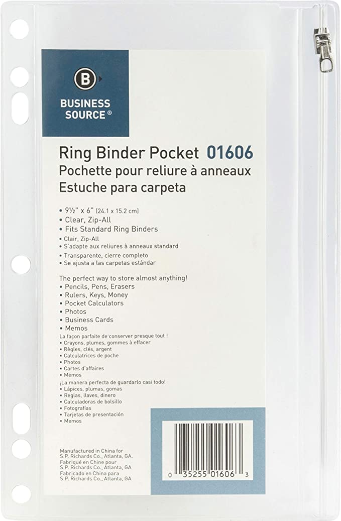 SPR01606 - Vinyl Ring Binder Pocket, 9-1/2x6, Clear