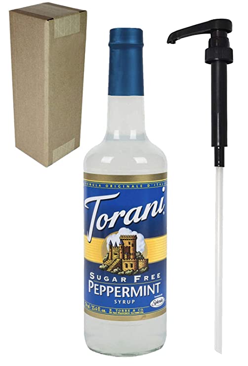 Torani Sugar Free Peppermint Flavoring Syrup, 750mL (25.4 Fl Oz) Glass Bottle, Individually Boxed, With Black Pump