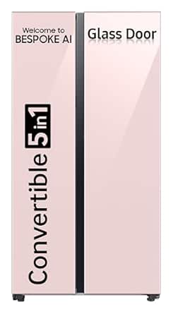 Samsung 653 L, 3 Star, Bespoke AI, Glass Door, Frost Free, Double Door, Convertible 5-in-1 Digital Inverter, Side By Side Smart Refrigerator with Auto Open Door (RS76CB81A3P0HL, Clean Pink,2024 Model)