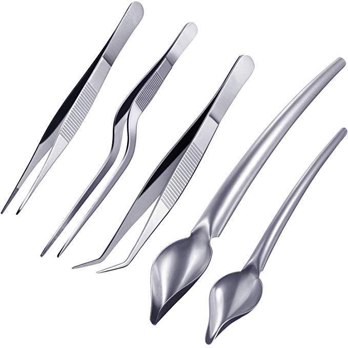 Boao 5 Pieces Stainless Steel Cooking Tweezers Precision Tongs with Precision Serrated Tips and Multi-use Decor Precision Culinary Drawing Spoons for Plates Decorating