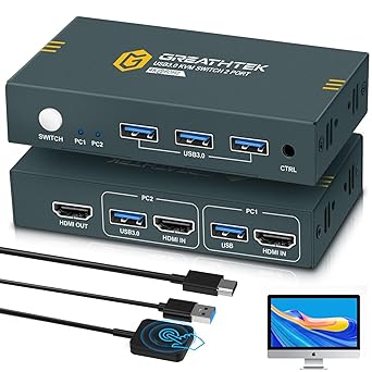 USB3.0 HDMI KVM Switch 2 Computers 1 Monitor,4K@60HZ 2 Port Monitor Switcher Sharing Keyboard&Mouse,with EDID