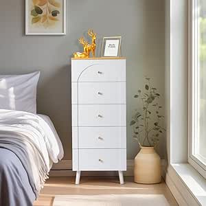 5-Drawer Dresser Storage Drawer Chest, Tall Storage Dresser Chest Cabinet Organizer Unit with Wood Legs, Skinny Storage Tower for Bedroom, Living Room, Closet, Hallway, White & OAK