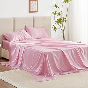 Love's cabin Satin King Sheet Sets - 4 Piece Pink Silky Satin Sheets King Size Bed Set with Deep Pocket, Luxury Silk Feel King Size Satin Sheet Set (1 Flat Sheet,1 Fitted Sheet,2 Pillow cases)