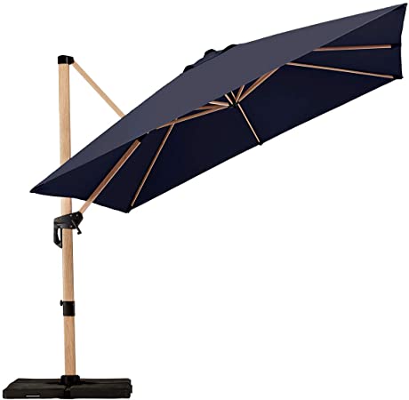PAPAJET 10 Feet Offset Cantilever Patio Umbrella Square Deluxe Aluminum Wood Pattern Outdoor Hanging Umbrella with Cross Base, 360° Rotated, Easy Tilt Garden Umbrella (Navy Blue)