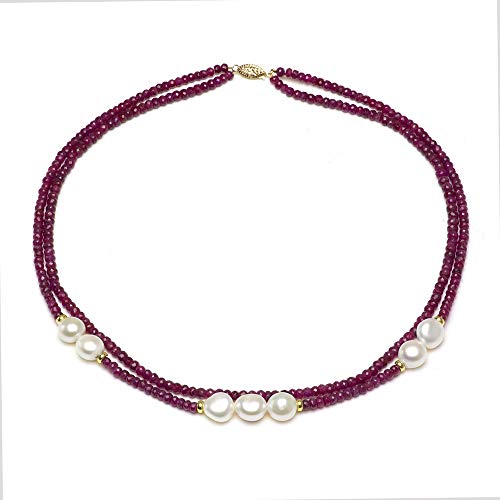 14k Yellow Gold 8-8.5mm White Freshwater Cultured Pearl 3mm Simulated Red Ruby 2-rows Necklace, 18"