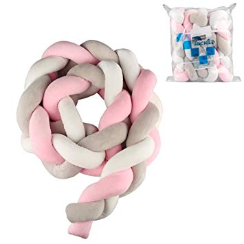 Luchild Baby Braided Crib Bumper Soft Snake Pillow Protective & Decorative Long Baby Nursery Bedding Cushion Knot Plush Pillow for Toddler/Newborn (White Grey Pink)