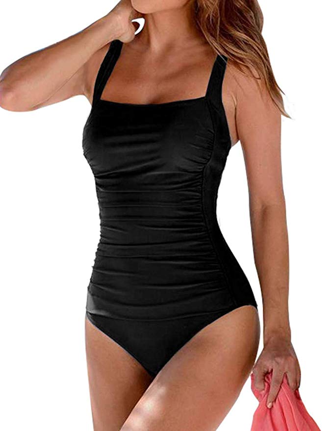 Hilor Women's One Piece Swimsuits Shirred Tank Swimwear Vintage Tummy Control Bathing Suits