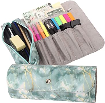 MoKo Pen Pencil Case, Roll Up Pencil and Makeup Pouch Bag Organizer with 1 Removable Pencil Pouch, 5 Slots, 1 Zipper Pocket & Magnetic Buckle for Office, School, Home - Marble Green