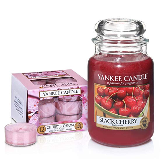 Yankee Candle 2-Piece Set with Large Jar Scented Candle in Black Cherry and 12 Tea Light Scented Candles in Cherry Blossom