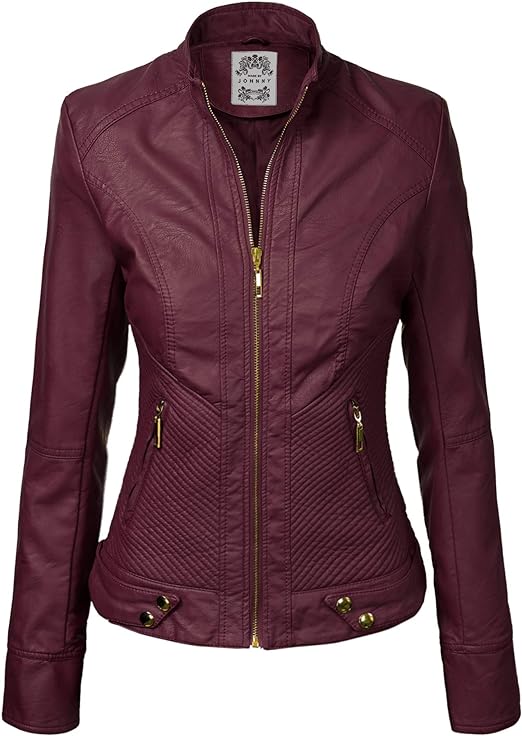 Made by Johnny MBJ Womens Faux Leather Zip Up Moto Biker Jacket With Stitching DetaiL