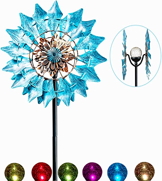 Solar Wind Spinner New Azure 75in Multi-Color Seasonal LED Lighting Solar Powered Glass Ball with Kinetic Wind Spinner Dual Direction for Patio Lawn & Garden