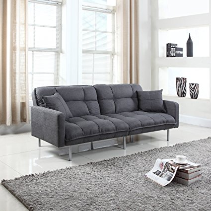 Divano Roma Furniture Collection - Modern Plush Tufted Linen Fabric Splitback Living Room Sleeper Futon (Dark Grey)