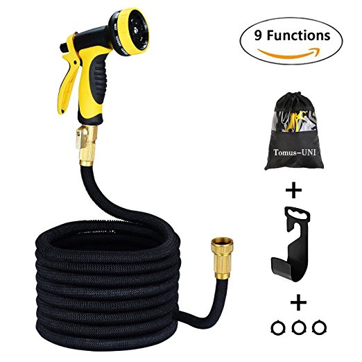 Tomus-UNI 50 ft Expanding Hose Stretch Hosepipe by, Latex Core Expanding Water Hose with Solid Brass Connectors, 9 Functions Spray Nozzle for Home, Garden, Shower Pets or Wash Car with One Hanger
