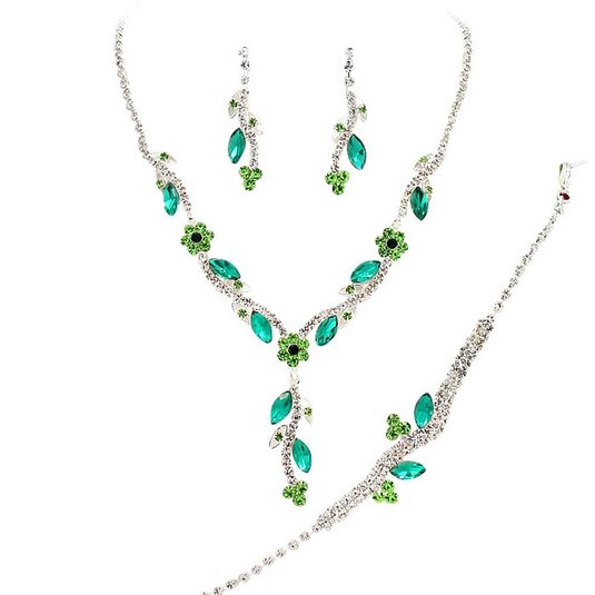Y Drop Pretty Emerald Teal & Lime Floral Crystal Prom Bridesmaid Wedding Necklace Jewelry Set DO4