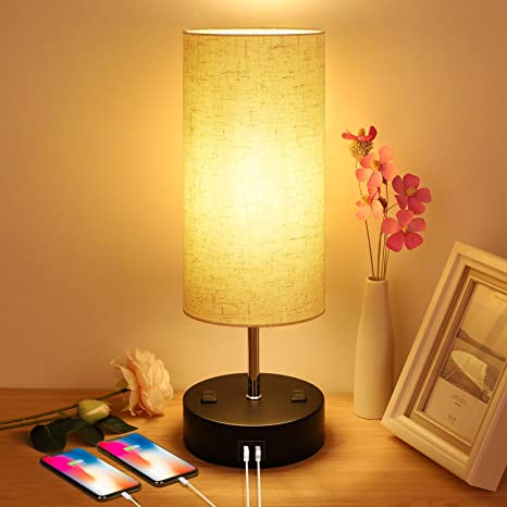 Table Lamp, 3 Way Dimmable Bedside Lamp with 2 USB Charging Ports 2 AC Outlets Touch Control Nightstand Lamp for Bedroom, Bedside Lamps with Fabric Shade for Living Room, Office, LED Bulbs Included