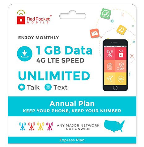 Red Pocket Mobile Express Annual Prepaid Phone Plan, No Contract, Free SIM Kit; Unlimited Talk, Unlimited Text & 1 GB of LTE Data - Only $17/Month