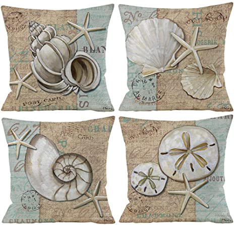 4 Pack Decorative Coral and Sea Shells Throw Pillow Cover, Cotton Linen Burlap Square Outdoor Cushion Cover Pillowcases, Pillow Case for Car Sofa Bed Couch 18x18 Inch Ocean Theme