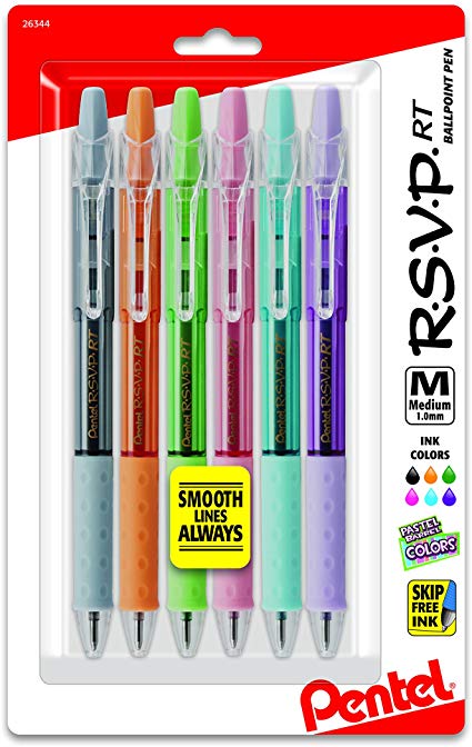 RSVP RT Pastel Barrel, Retractable Ballpoint Pen, (1.0mm) Med, Assorted Ink (6-Pk)