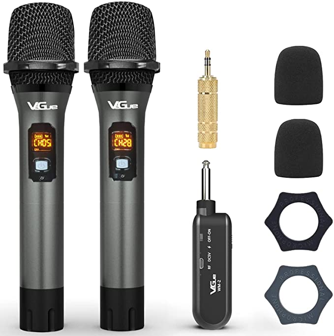 Wireless Microphone, VeGue UHF Cordless Dual Handheld Dynamic Mic Set with Rechargeable Receiver, for Karaoke Party, Voice Amplifier, PA System, Singing Machine, Church, Wedding, Meeting, 200ft (WM-2)