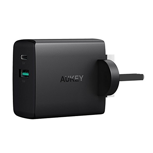 AUKEY USB C Wall Charger Dual Port USB A 5V 2.1A   USB C 5V 3A Mains Charger for iPhone X / 8 / 8 Plus, iPad Air / Pro, Nexus 5X / 6 / 6P, Google Pixel, Samsung, LG, HTC and more