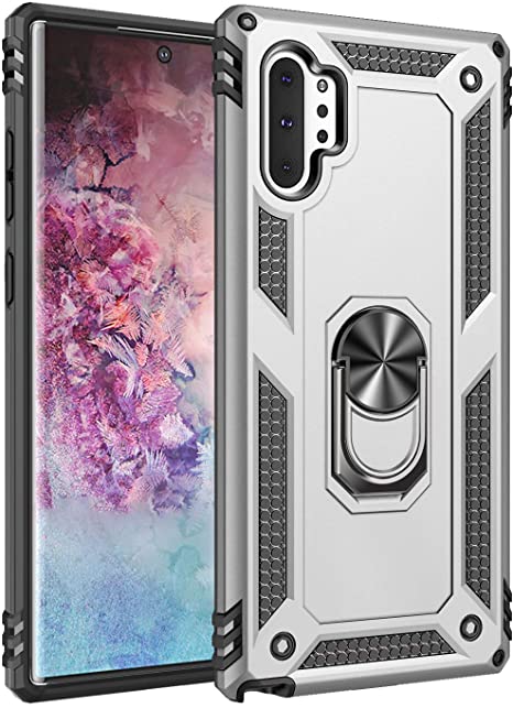 Note 10 Plus Case | 360 Ring Holder | Kickstand Fit Car Magnetic | Military Grade | Shockproof Protective | Defender Hybrid Hard | Phone Case Compatible with Samsung Galaxy Note 10 Plus -Silver