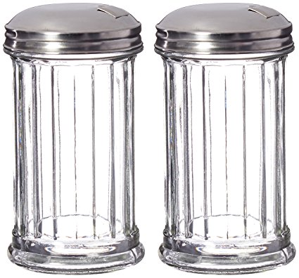 Update International Retro Style Sugar Dispenser/Pourer/Shaker, Glass Jar, Stainless Steel Pour-Flap Lid, 12 oz, Set of 2