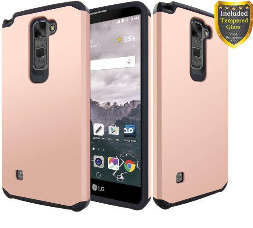 LG Stylo 2 Plus Case, ATUS - Hybrid Dual Layer Hard Cover Silicone Skin Case with Tempered Glass Screen Protector and Stylus Pen (Rose Gold / Black)