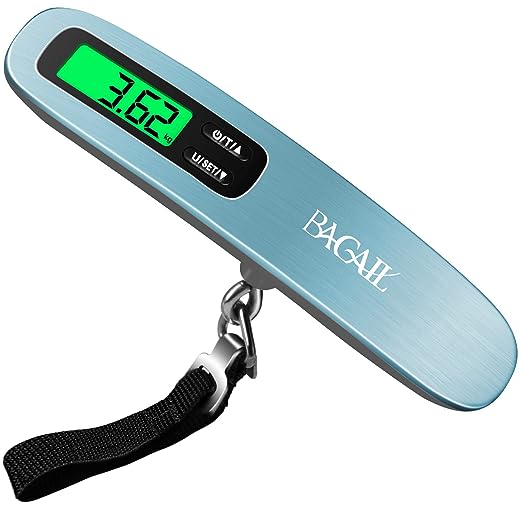 BAGAIL Digital Luggage Scale, Hanging Baggage Scale with Backlit LCD Display, Travel Weight Scale, Portable Suitcase Weighing Scale with Hook, 110lb/50kg Capacity, Battery Included - Blue