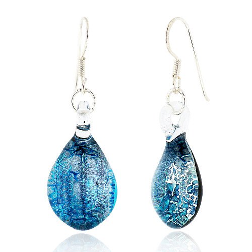 925 Sterling Silver Hand Blown Venetian Murano Glass Blue Silver Water Drop Shaped Dangle Earrings