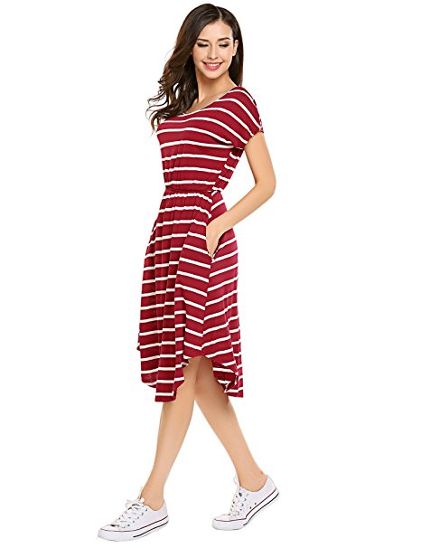 Women's Summer Casual Stripe Elastic Waist Loose Beach Midi Dress