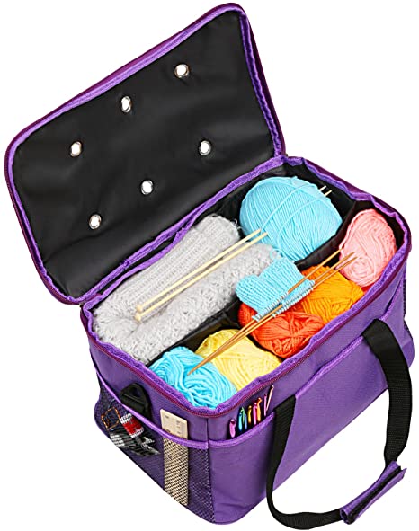 LEMESO Knitting Bag Portable Yarn Storage Tote with Inner Four Compartments (Three small, one big), Purple