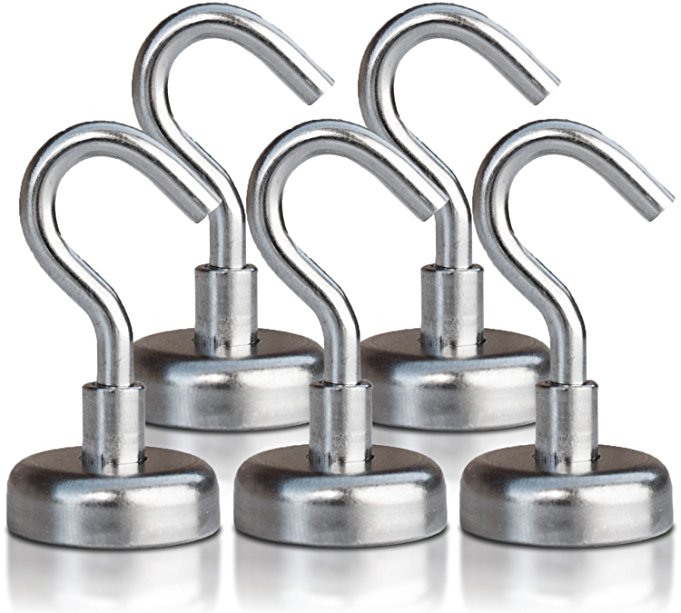 Strong Heavy Duty Magnetic Hooks (5 Pack) - Powerful 40lb Neodymium Rare Earth Hook Magnet Set for Multi-Purpose Hanging, Storage, Indoor/Outdoor Organization - Includes 3M Felt Non-Scratch Stickers