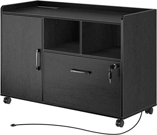 Rolanstar File Cabinet with Charging Station, Mobile Lateral Filing Cabinet with Locking Drawers, Printer Stand with Open Storage Shelf with Wheels, for Letter/Legal / A4 Size Files, Black