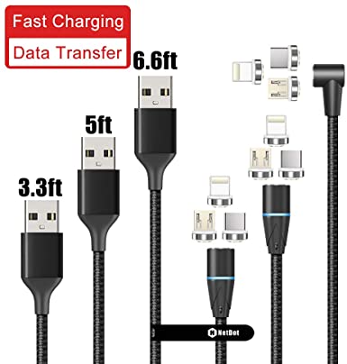 NetDot Gen12 Magnetic Fast Charging Data Transfer Cable for Micro USB,USB-C Phones and i-Product(3.3ft,5ft,L-Shape 6.6ft/Black)