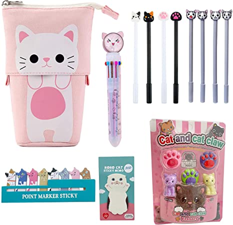 Cute Stationary Set Pop Up Pencil Case, 8 x Cat Pens, 10-in-1 Multi Color Pen, 2 x Stickers Cat Sticky Notes Page Markers and Fun Erasers Pack - Cat Stationary Set Cute Stationary Gift Set