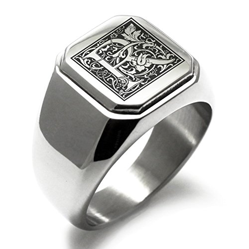Stainless Steel Letter R Alphabet Initial Floral Monogram Engraved Square Flat Top Biker Style Polished Ring