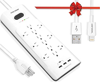 HOLSEM Power Strip Surge Protector 12 Outlets & 3 USB Charging Ports (5V/3.1A), 6' Heavy Duty Extension Cord, USB Outlet for Home & Office Charging Station,One HOLSEM USB Lightning Cable